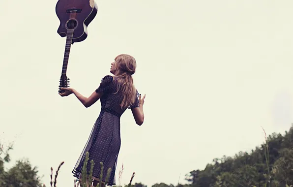 Picture the sky, pose, guitar, dress, photographer, album, singer, Red