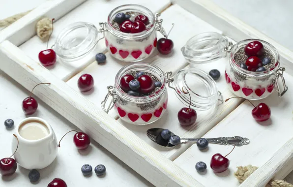 Cherry, berries, Breakfast, tray, yogurt, Chia, Anna Cells