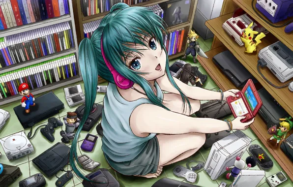 Picture girl, game, sword, katana, anime, headphones, art, console