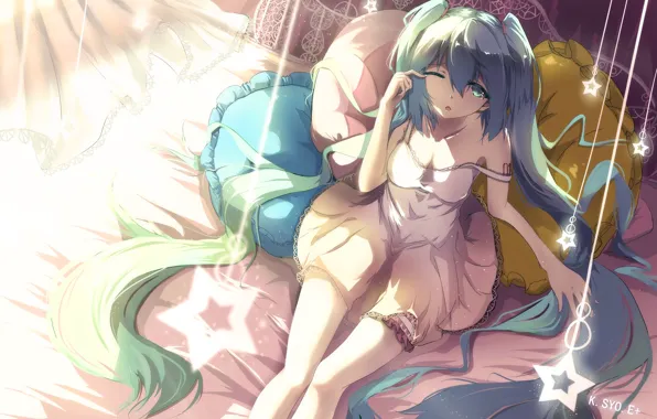 Stars, bed, pillow, anime, art, hatsune miku, asahi kuroi