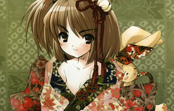 Picture pattern, rabbit, girl, kimono, art, bangs, noizi ito