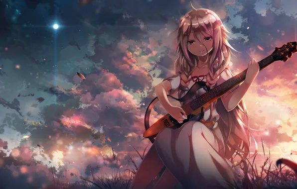 Picture the sky, girl, clouds, sunset, nature, smile, guitar, anime