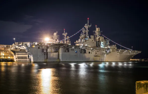 Night, ship, pier, backlight, landing, USS Bataan, (LHD-5)