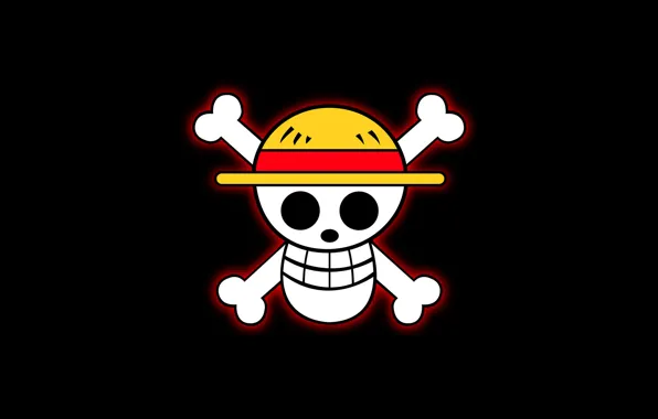 Picture skull, glow, hat, bones, black background, fun, one piece, straw hat