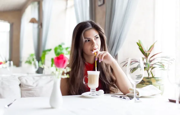 Girl, glass, cocktail, brown hair, table