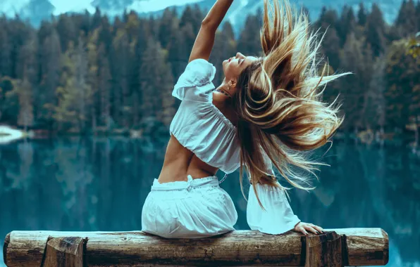 Forest, girl, trees, landscape, pose, river, hair, skirt