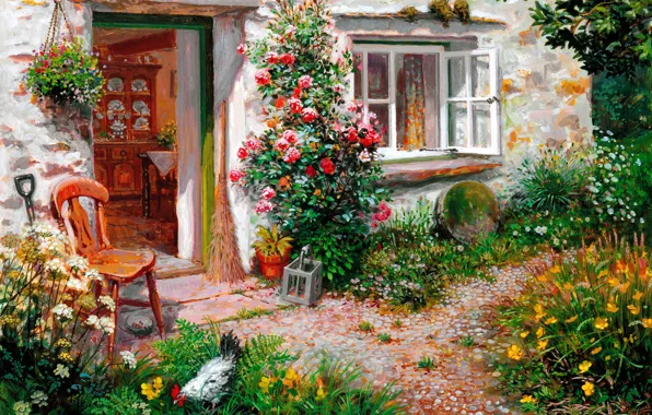 Summer, flowers, house, window, yard, chair, cock