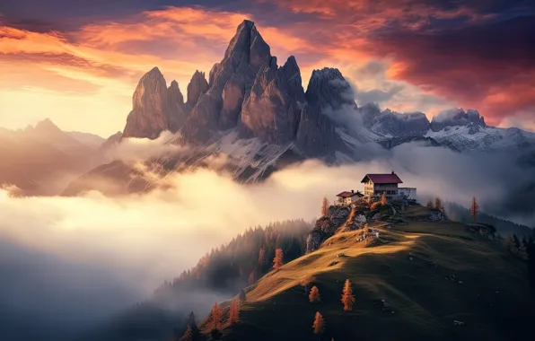 The sky, clouds, light, mountains, fog, house, rocks, tops