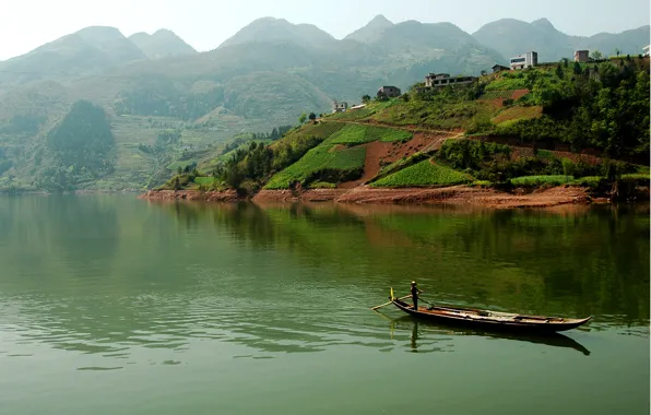 Picture landscape, mountains, river, field, the boatman