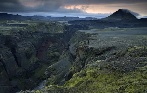 Landscape, sunset, mountains, people