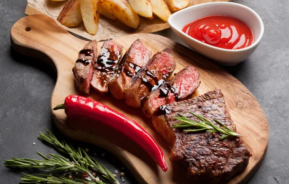 Pepper, ketchup, potatoes, steak