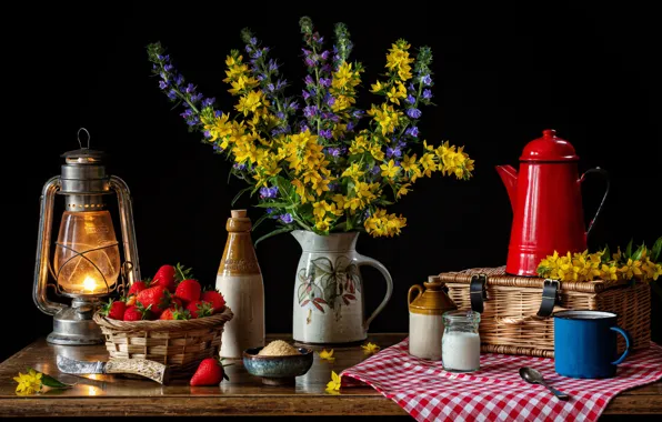 Flowers, berries, table, lamp, strawberry, mug, pitcher, still life