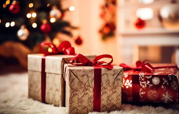 Lights, room, pattern, Christmas, gifts, red, New year, fur