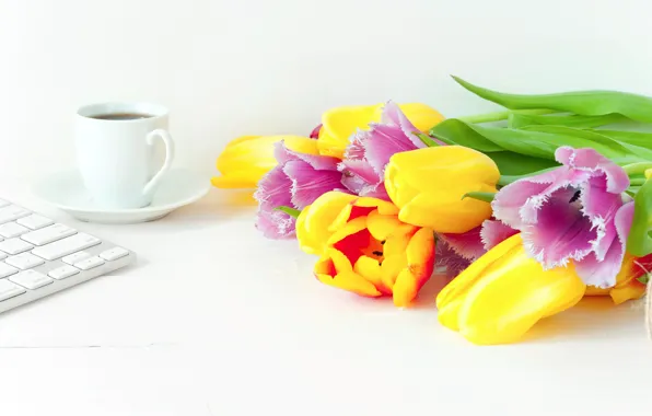 Picture flowers, coffee, spring, colorful, tulips, fresh, wood, flowers
