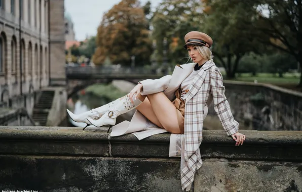 Picture girl, pose, boots, blonde, legs, cap, coat, the parapet