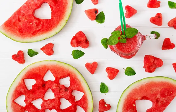 Picture berries, watermelon, juice, hearts