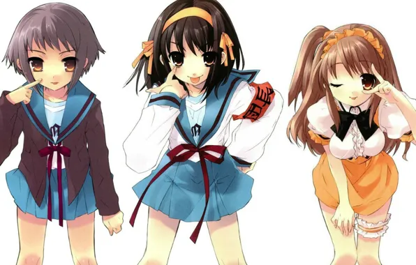 White background, three, nagato yuki, friend, sailor, mikuru asa, haruhi suzumiya, the melancholy of haruhi …