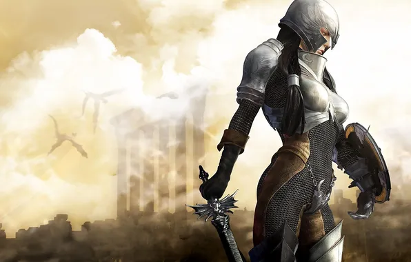 Girl, sword, armor, shield