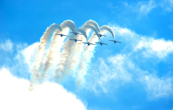 The sky, clouds, smoke, turn, show, aircraft, air group