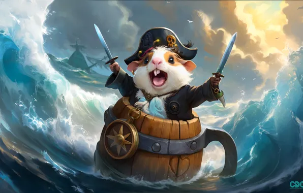 Picture pirates, boat, hamster, watermarked, ArtStation, pirate hat, Bahry Vadim, Anthropomorphic