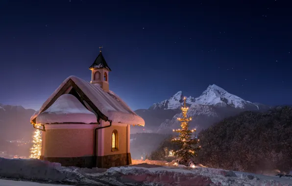 Winter, night, temple, Bavaria, Berchtesgaden
