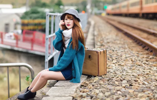 Girl, station, suitcase, Asian, cutie, bokeh