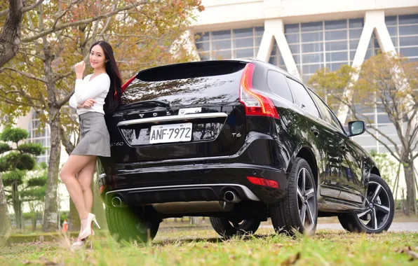 Picture look, Girls, Volvo, Asian, beautiful girl, black car, posing on the car