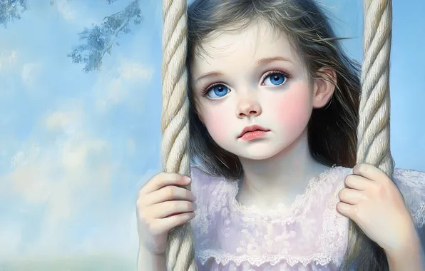 Look, swing, portrait, rope, dress, rope, girl, blue eyes