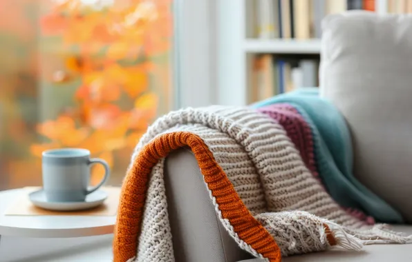 Autumn, comfort, room, tea, foliage, chair, window, mug