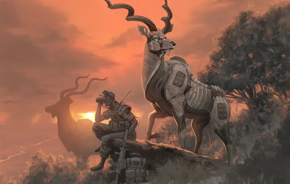 Picture sunset, robot, soldiers, horns, antelope, The kud