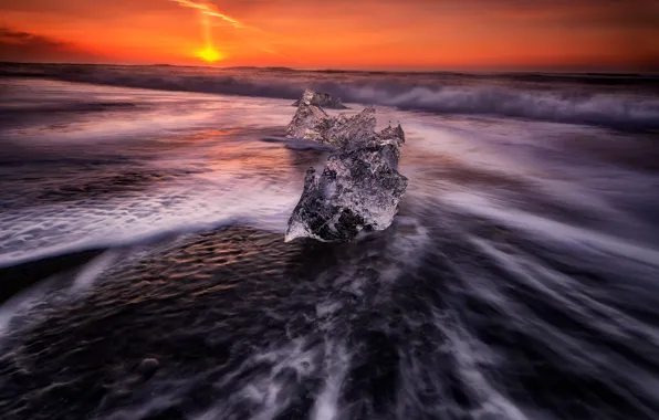 Ice, sea, wave, the sky, the sun, sunset, orange, shore