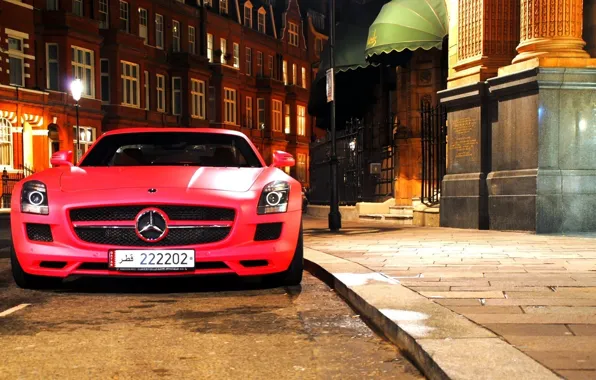Red, night, Mercedes benz, sls, amg, matte