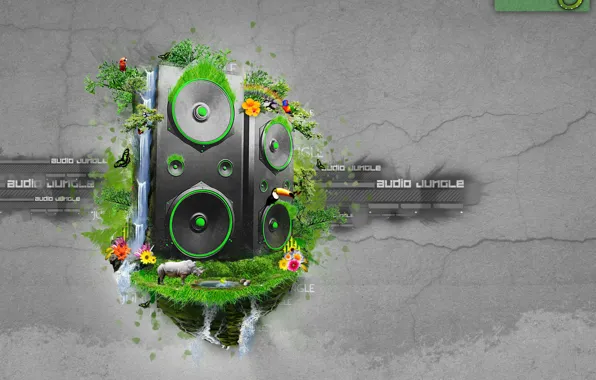 Music, waterfall, speakers, jungle