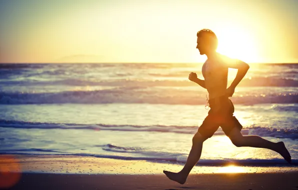 Picture beach, sunset, man, workout, fitness, running on the beach