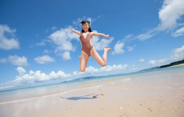 Swimsuit, Clouds, Sky, Beautiful, Asian, Model, Coast, Water