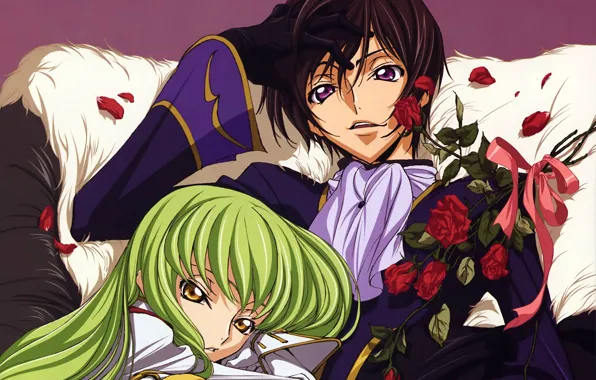 Bouquet, two, green hair, art, code geass, code geass, c.c., takahiro himura