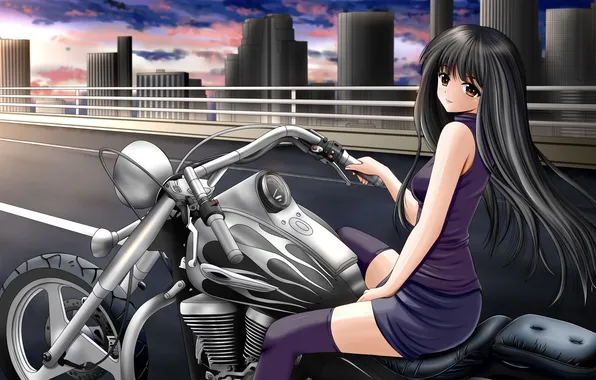 Girl, bridge, the city, art, motorcycle, ilolamai
