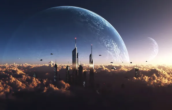 Picture the sky, clouds, future, transport, planet, skyscrapers