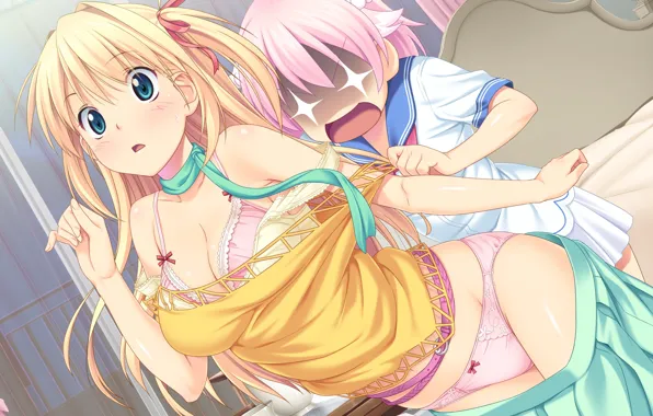 Underwear, the strip, shock, pink hair, visual novel, sailor, two girls, maniac