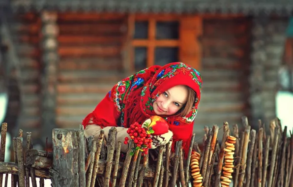 Winter, Girl, Look, The fence, Snow, House, Smile, Girl