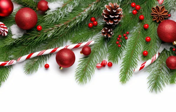 Balls, branches, Christmas, red, white background, New year, needles, bumps