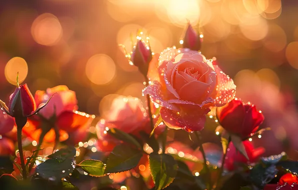 Summer, leaves, the sun, drops, light, flowers, Rosa, lights