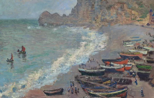 Landscape, shore, picture, boats, Claude Monet, The beach in Etretat
