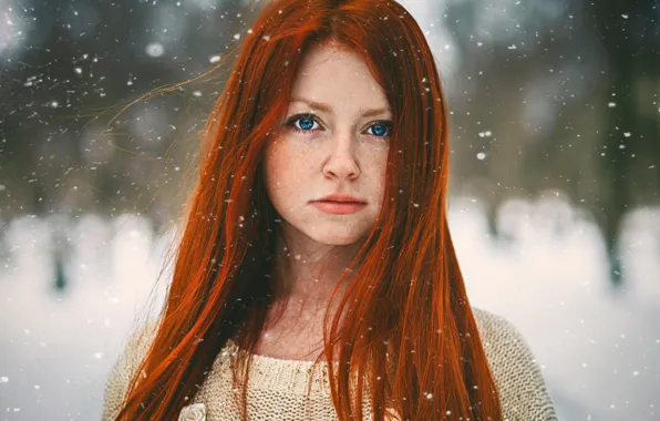 Picture snow, portrait, redhead, red girl