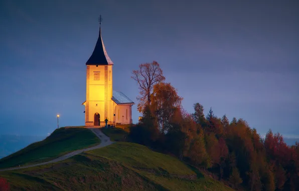 Picture autumn, landscape, nature, the evening, backlight, hill, track, Church