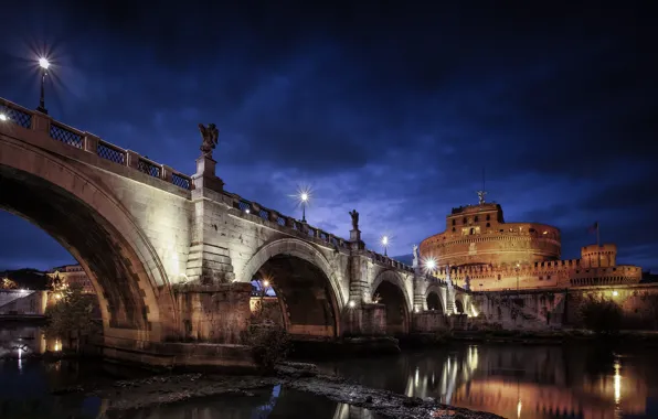 Picture night, clouds, bridge, the city, river, stones, lighting, Rome