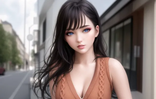City, blue eyes, street, women, brunette, digital art, anime girls, AI art