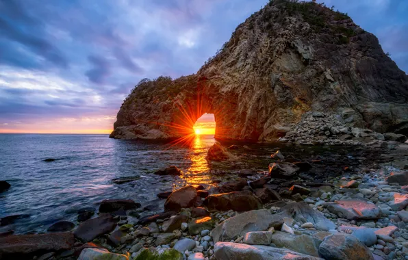 Sea, beach, the sun, rays, rock, Japan, arch, Sangamon