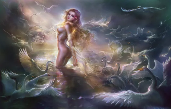 Flower, chest, girl, light, birds, lake, art, swans