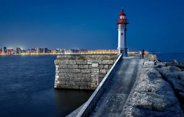 Picture night, the city, lights, lighthouse, the evening, Bay, Spain, Almería